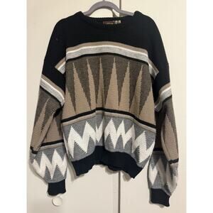 Atlas Men's Vintage Made In USA Pullover Sweater Black Multicolor Pattern XL EUC